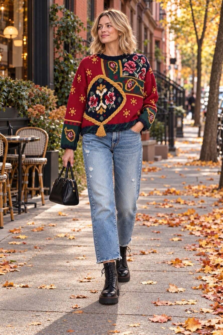 Vintage Susan Bristol Floral Patchwork Maximalist Sweater Braided Tassel Sz M